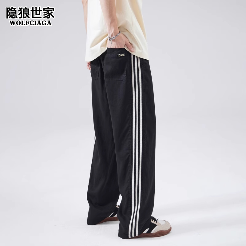 条纹休闲裤男夏季薄款莱赛尔亚麻凉感长裤男士垂感宽松阔腿直筒裤