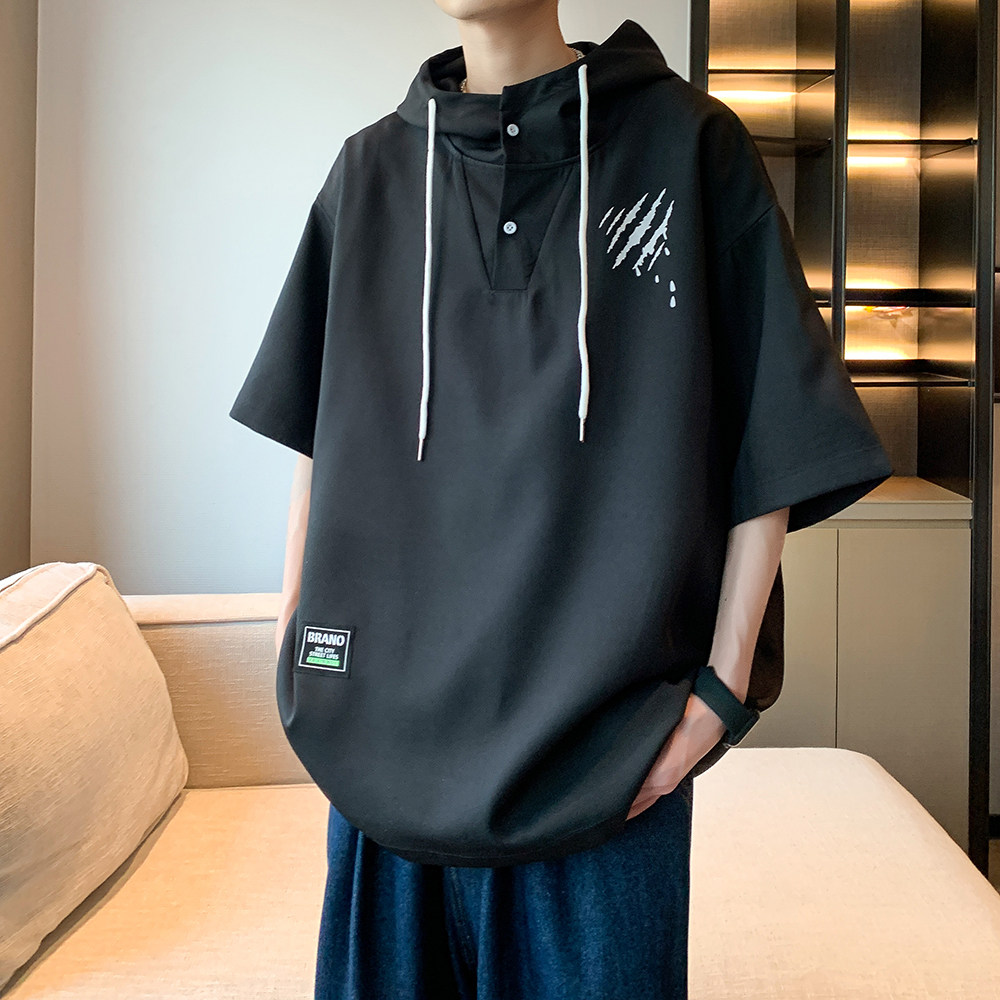夏季港风连帽短袖薄款卫衣男