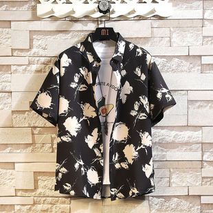 港风夏季短袖衬衫印花男士休闲百搭衬衣宽松半袖潮流衣服日系潮牌
