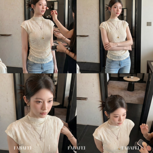 温柔风立体花朵半高领T恤女夏季新款小个子修身显瘦褶皱网纱上衣