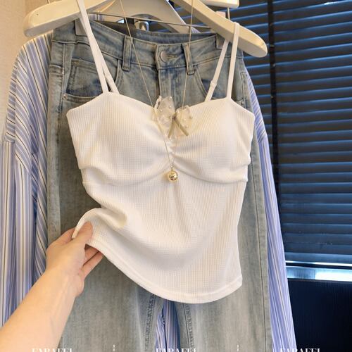 甜辣妹钉珠蝴蝶结吊带背心女夏款华夫格肌理感美背无袖带胸垫上衣