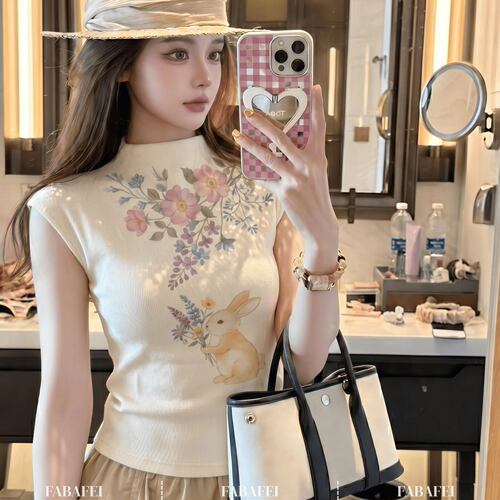 田园风兔子花卉印花针织衫女夏季款别致坎肩背心套头半高领小上衣