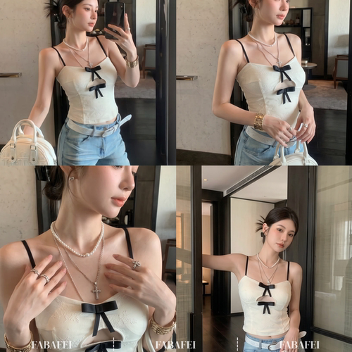 少女风蝴蝶结镂空吊带背心女2026夏季修身短款撞色细肩带打底上衣