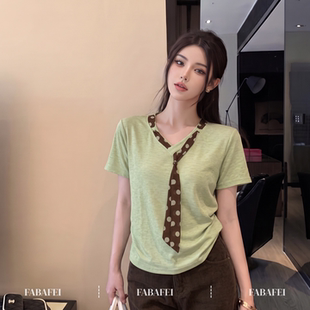 韩系挂脖波点丝巾短袖t恤女夏款显白绿色正肩体恤小个子显瘦上衣