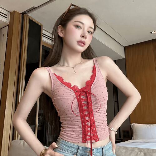 甜辣妹蕾丝花边波点吊带女夏款交叉绑带收腰背心无袖带胸垫小上衣