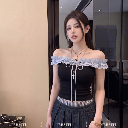 温柔少女风藏青色荷叶边背心女夏季款一字肩系带弹力收腰出游上衣