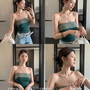 甜辣妹墨绿色条纹针织抹胸女2026夏款外穿无肩带裹胸背心短款上衣