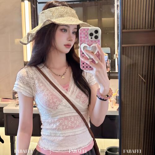 元气少女风花边短袖蕾丝罩衫+修身吊带两件套女夏季显瘦叠穿套装