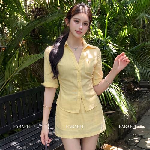 休闲度假风黄色翻领短袖套装女夏季款刺绣衬衫高腰a字短裙两件套