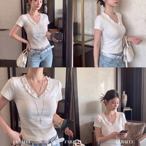 松弛风木耳边v领短袖t恤女夏季修身短款高腰白色显瘦紧身打底上衣