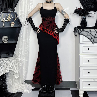 欧美风哥特风吸血鬼穿搭连衣裙亚文化黑红鱼尾裙植绒流苏礼服裙潮