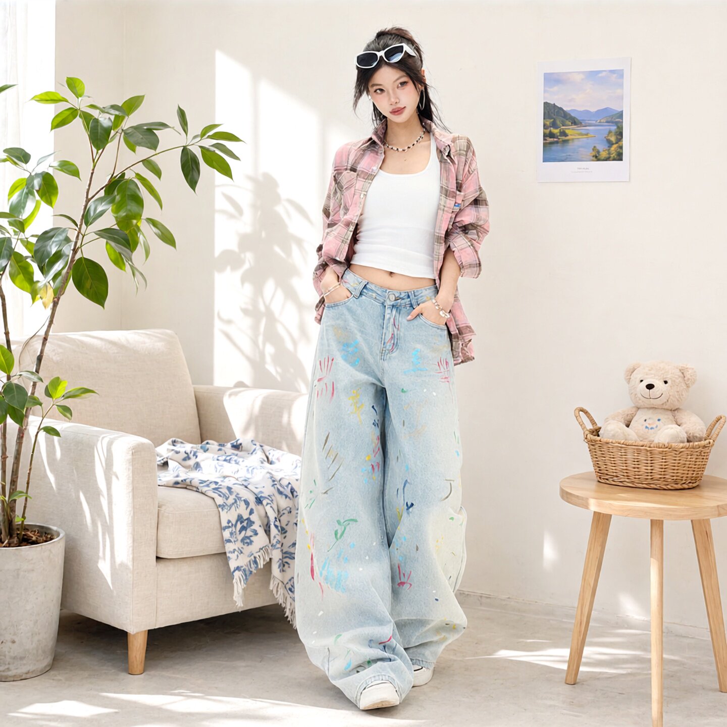 2026水洗印花复古阔腿牛仔裤女