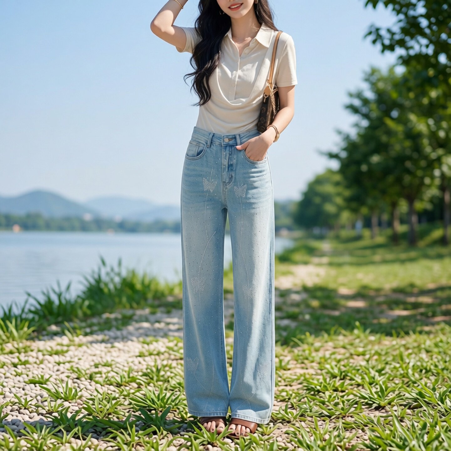 夏季凉感薄款蝴蝶烫钻直筒牛仔裤