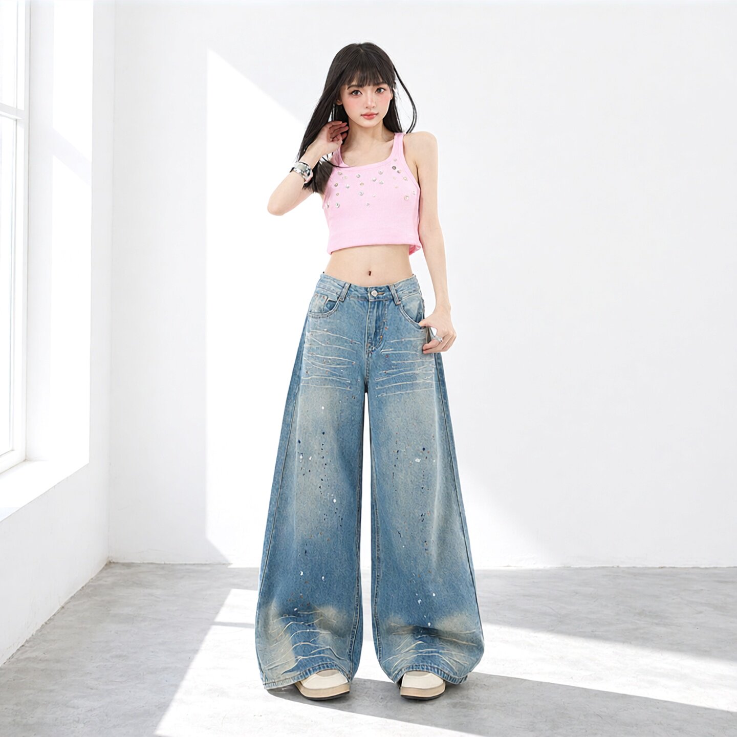 2026新款泼墨宽松阔腿牛仔裤女