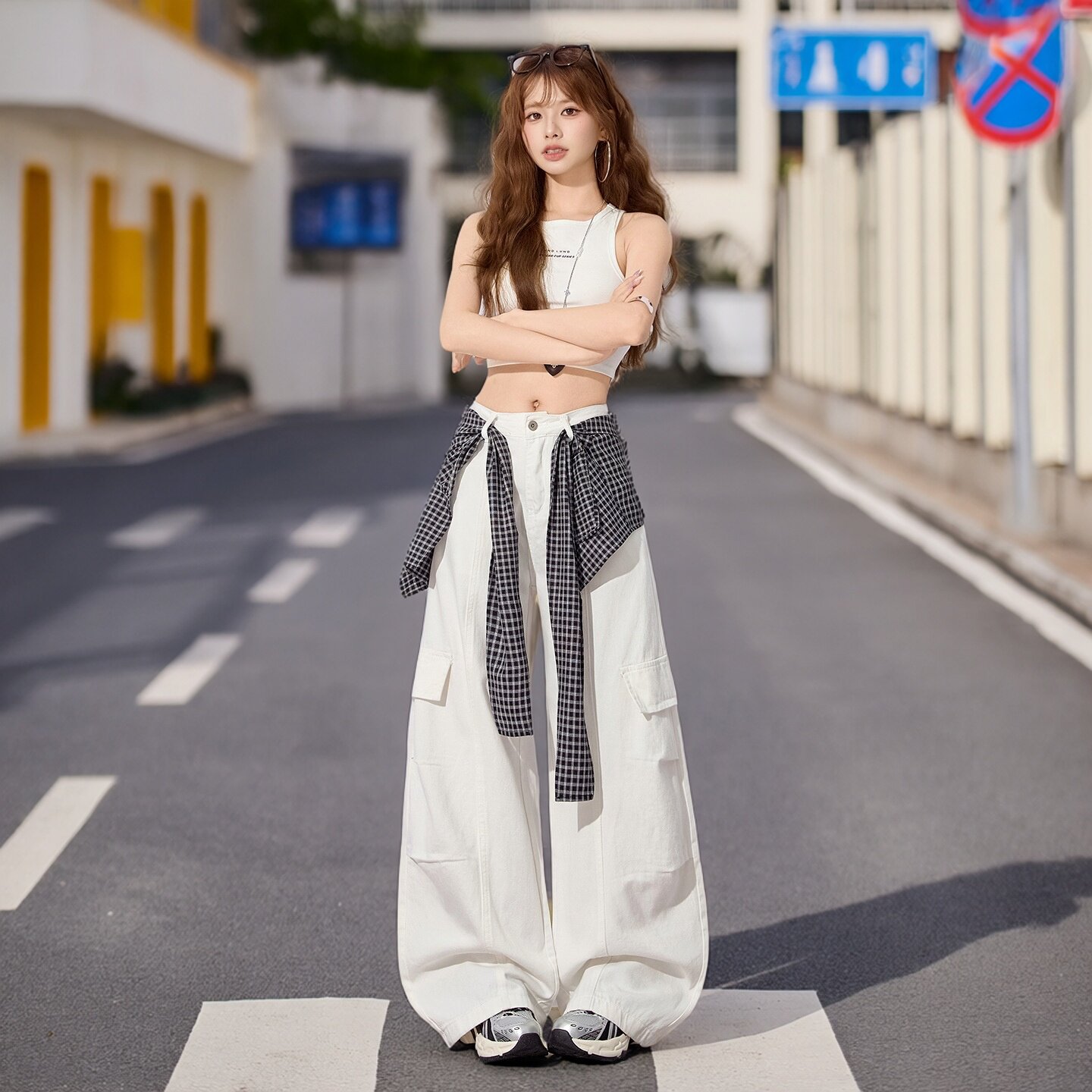 韩版复古高腰工装阔腿牛仔裤女