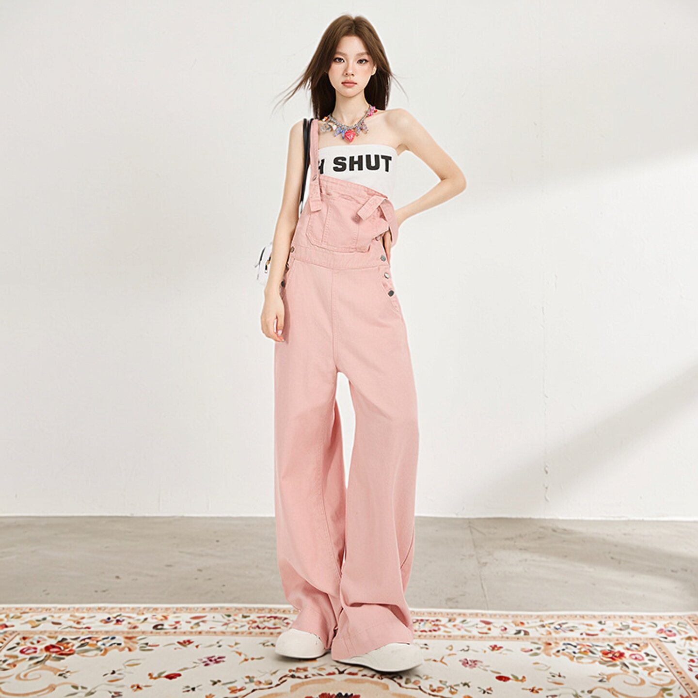 美式高街高腰阔腿牛仔背带裤女