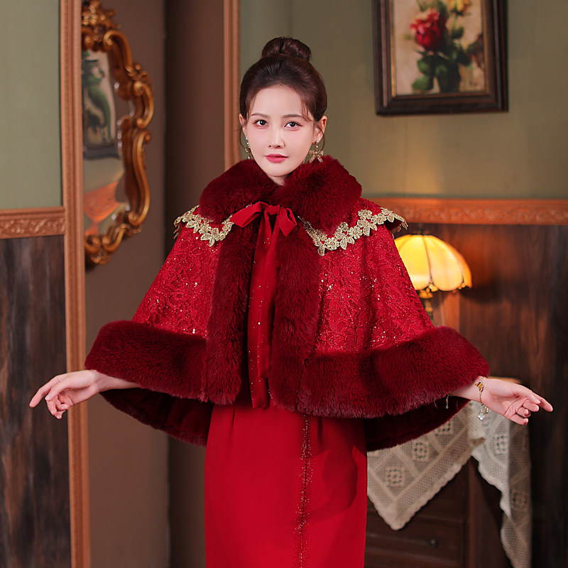 新款结婚新娘礼服毛披肩秋冬2023保暖斗篷外套妈妈配旗袍外搭加厚