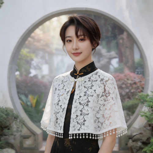 新中式白色蕾丝流苏斗篷披肩日常