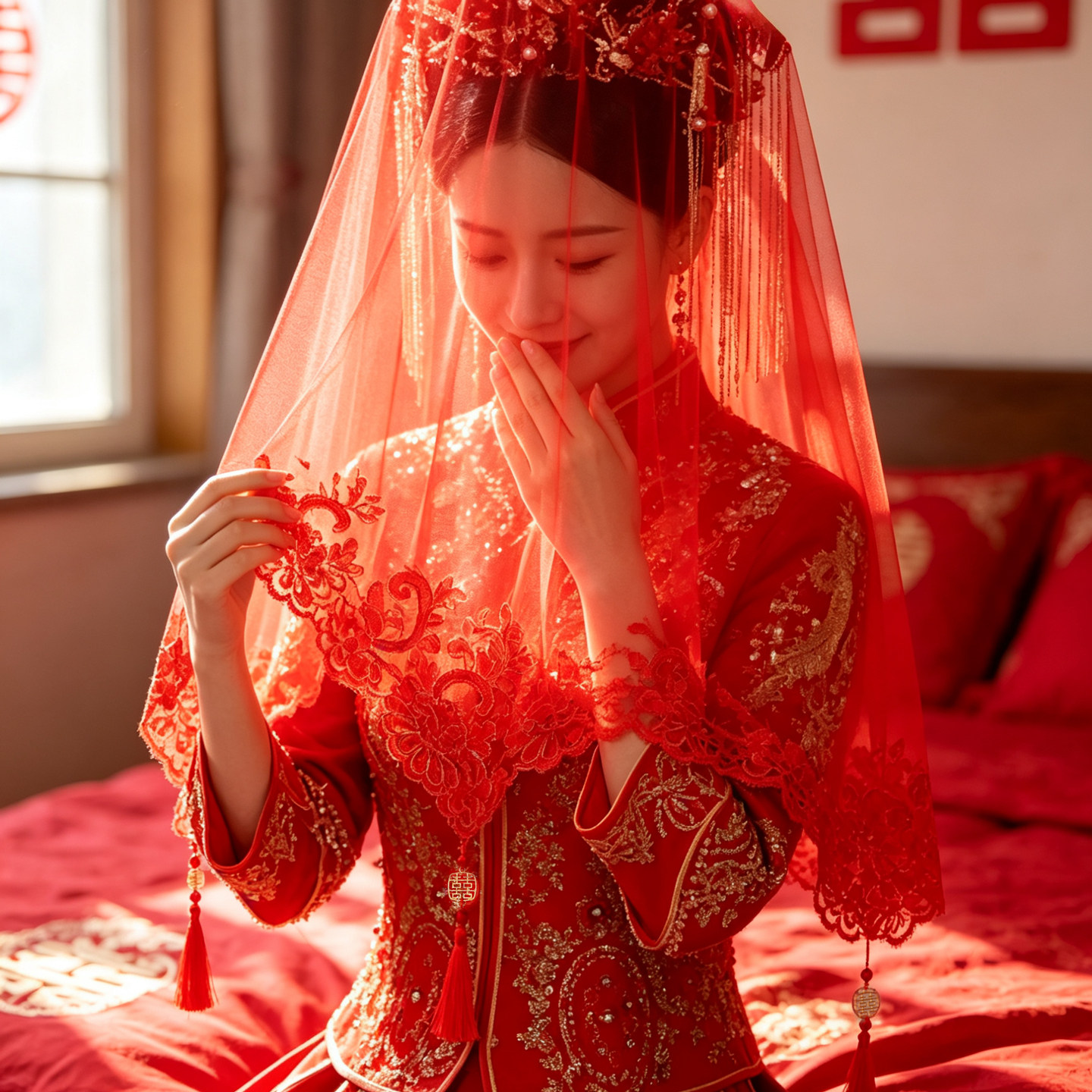 新娘结婚红盖头半透明蕾丝花边秀禾服头纱高级苏绣红色新中式流苏