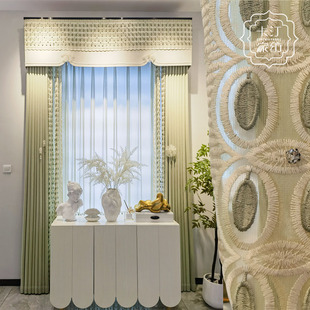 绿色轻奢法式美式加厚客厅卧室窗帘浮雕叶子水钻花边落地窗