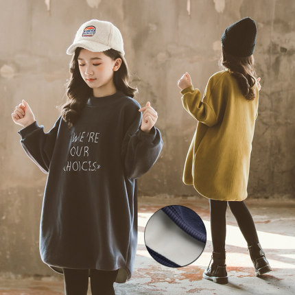 女童中长款加绒卫衣2024冬装新款韩版休闲时髦羊羔毛上衣打底衫潮