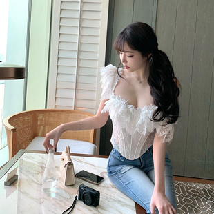 Liuu嘻嘻阿纯欲蕾丝花边拼接吊带上衣女春季鱼骨收腰公主塑身胸衣