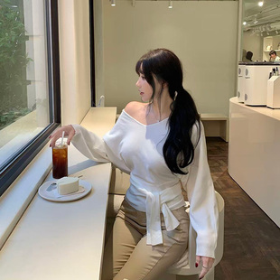 Liuu嘻嘻阿韩秀气质V领毛针织衫女秋季时尚百搭显瘦系带长袖上衣