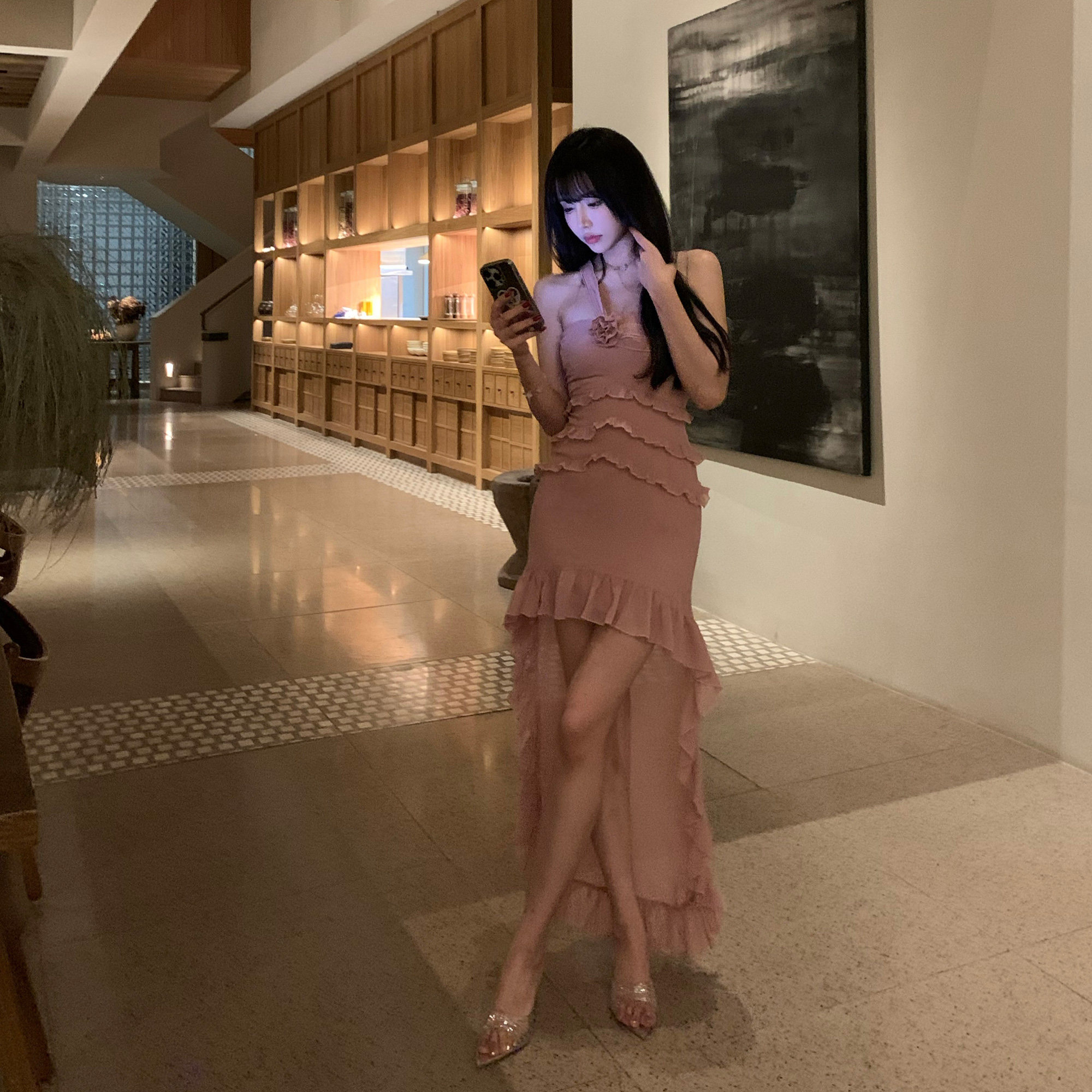 Liuu嘻嘻阿/一字肩木耳边抹胸连衣裙女不规则显瘦修身拖尾雪纺裙,女装/女士精品,连衣裙,淘宝优惠券,粉丝福利购,淘宝优惠卷