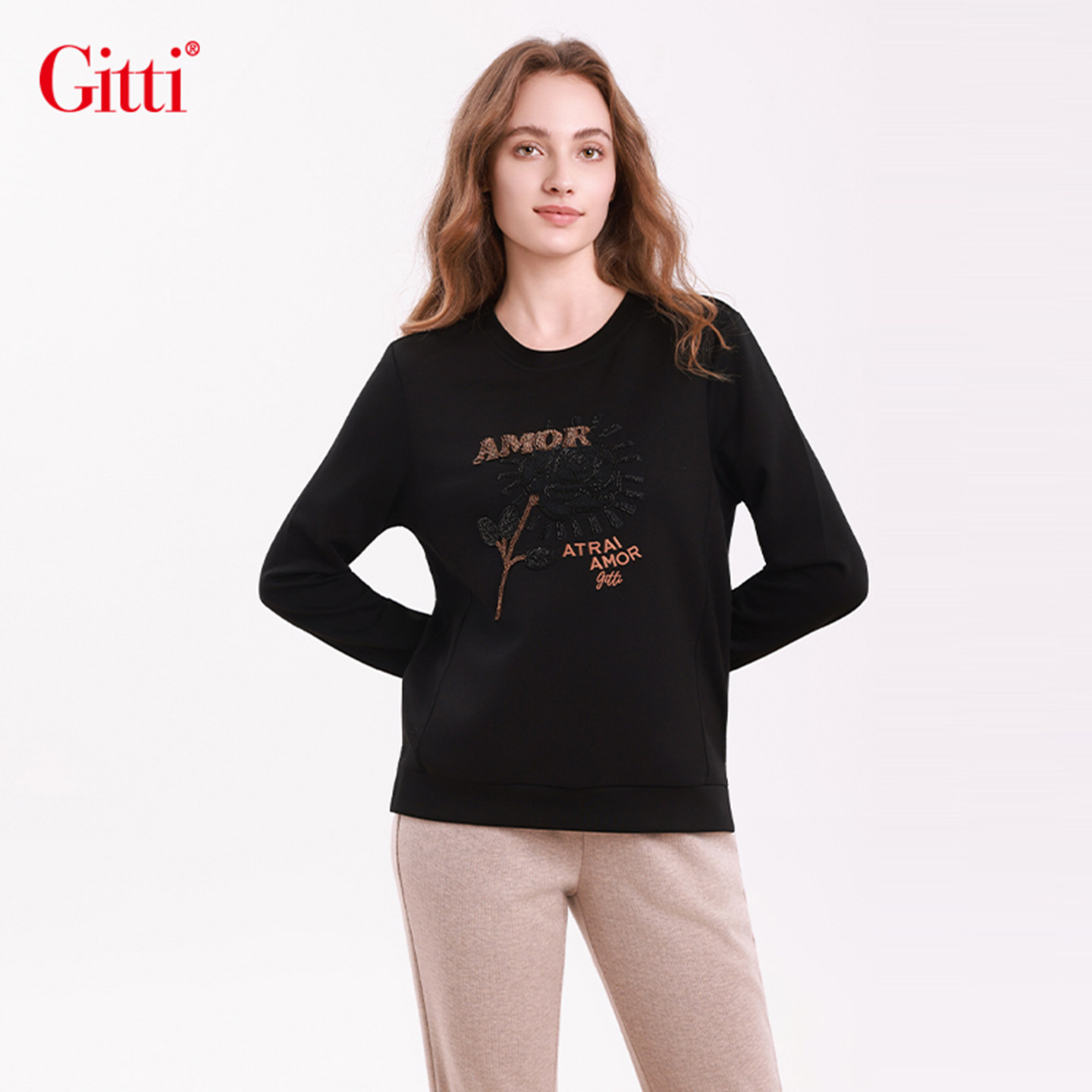 炫彩珠绣卫衣女拼接宽松大码针织