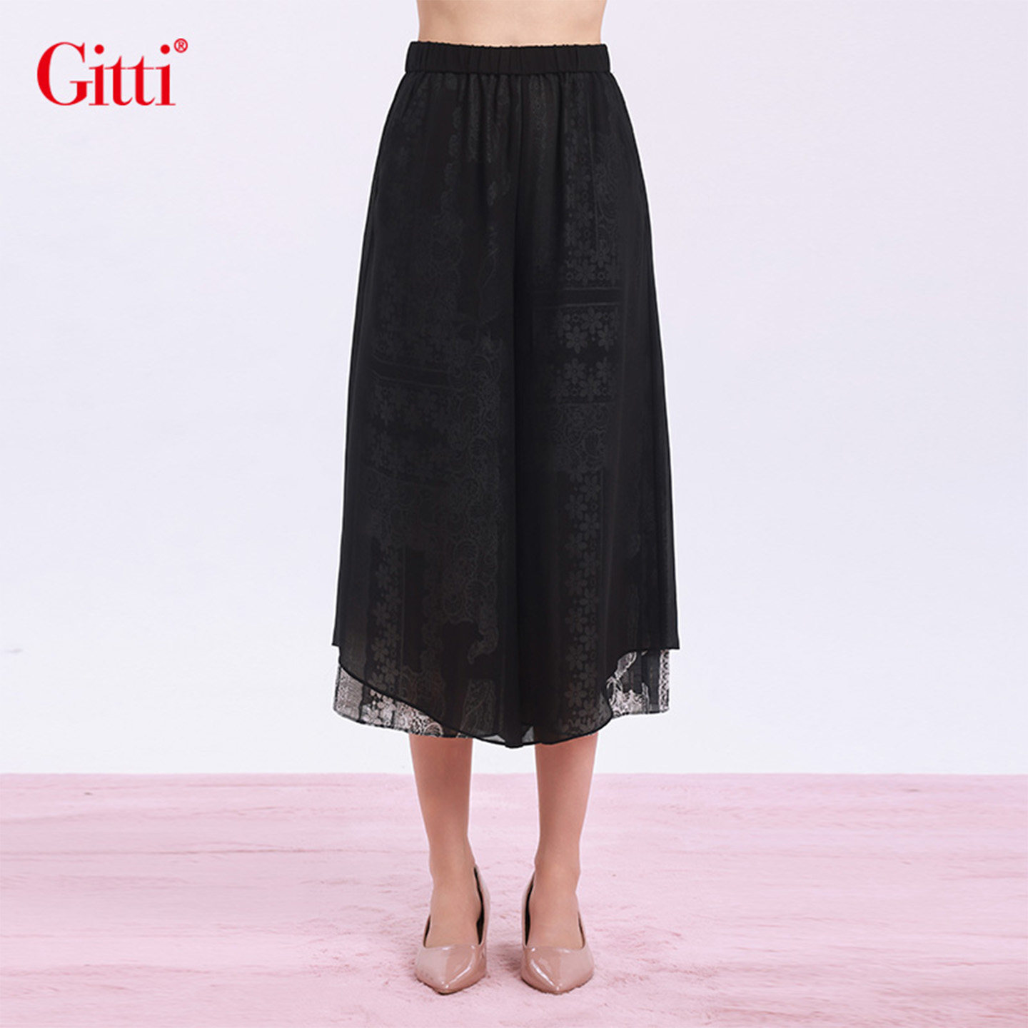 Gitti/吉蒂松紧腰假两件雪纺拼接裙裤女印花大码八分裤G261308