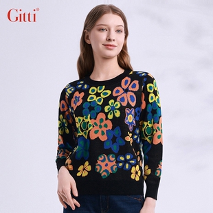 Gitti/吉蒂秋款圆领花朵针织衫女宽松大码绵羊毛毛衣G245378