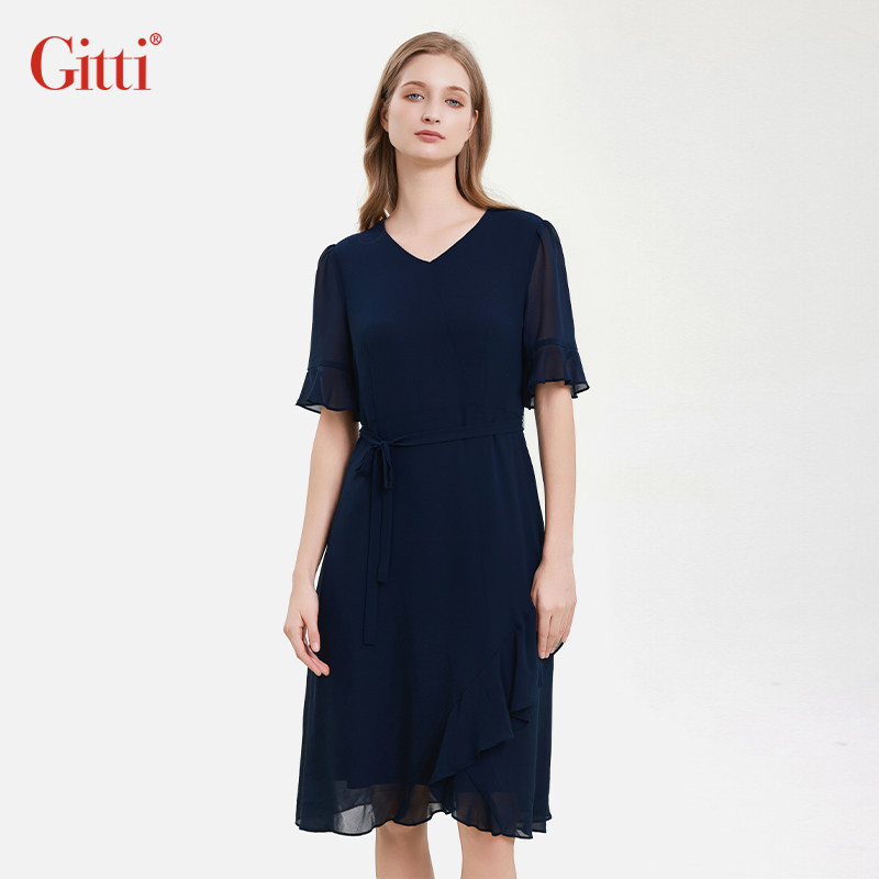 Gitti/吉蒂V领荷叶袖不规则群裙雪纺连衣裙女收腰系带裙子G251279
