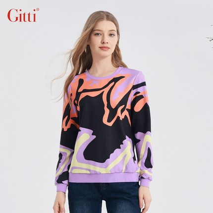 Gitti/吉蒂新品波罗丁数码印花卫衣女宽松大码圆领上衣G235405
