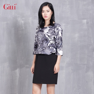 Gitti/吉蒂16秋款女装 复古拼接连衣裙 假二件中袖短裙G165078