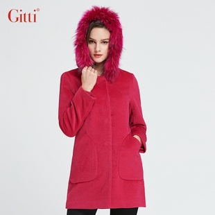Gitti吉蒂秋冬中款厚毛昵外套女修身貉子毛连帽羊毛大衣G175523