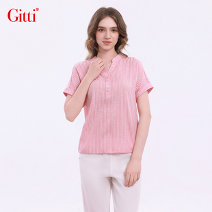 T恤G261135 女宽松大码 Gitti 吉蒂条纹印花剪刀领挽边短袖