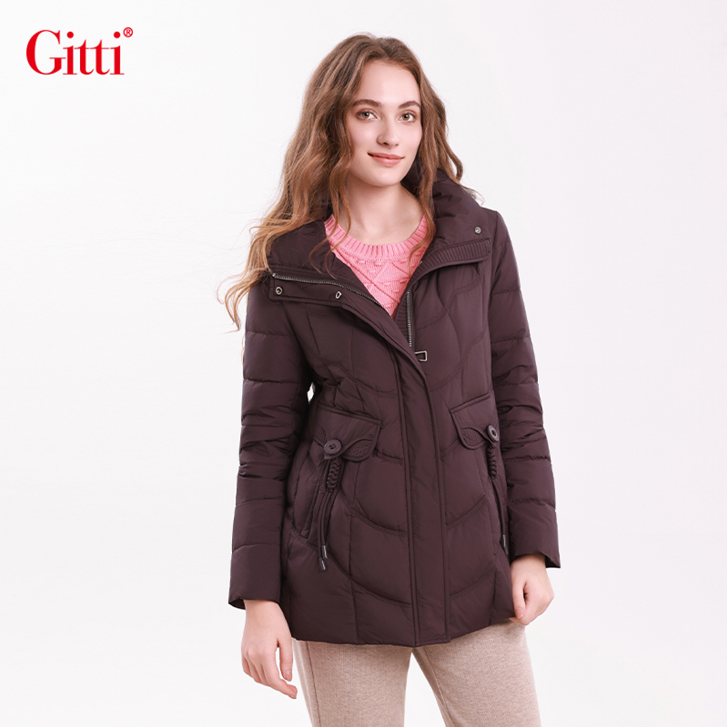 秋冬立领车花鸭绒羽绒服女中长