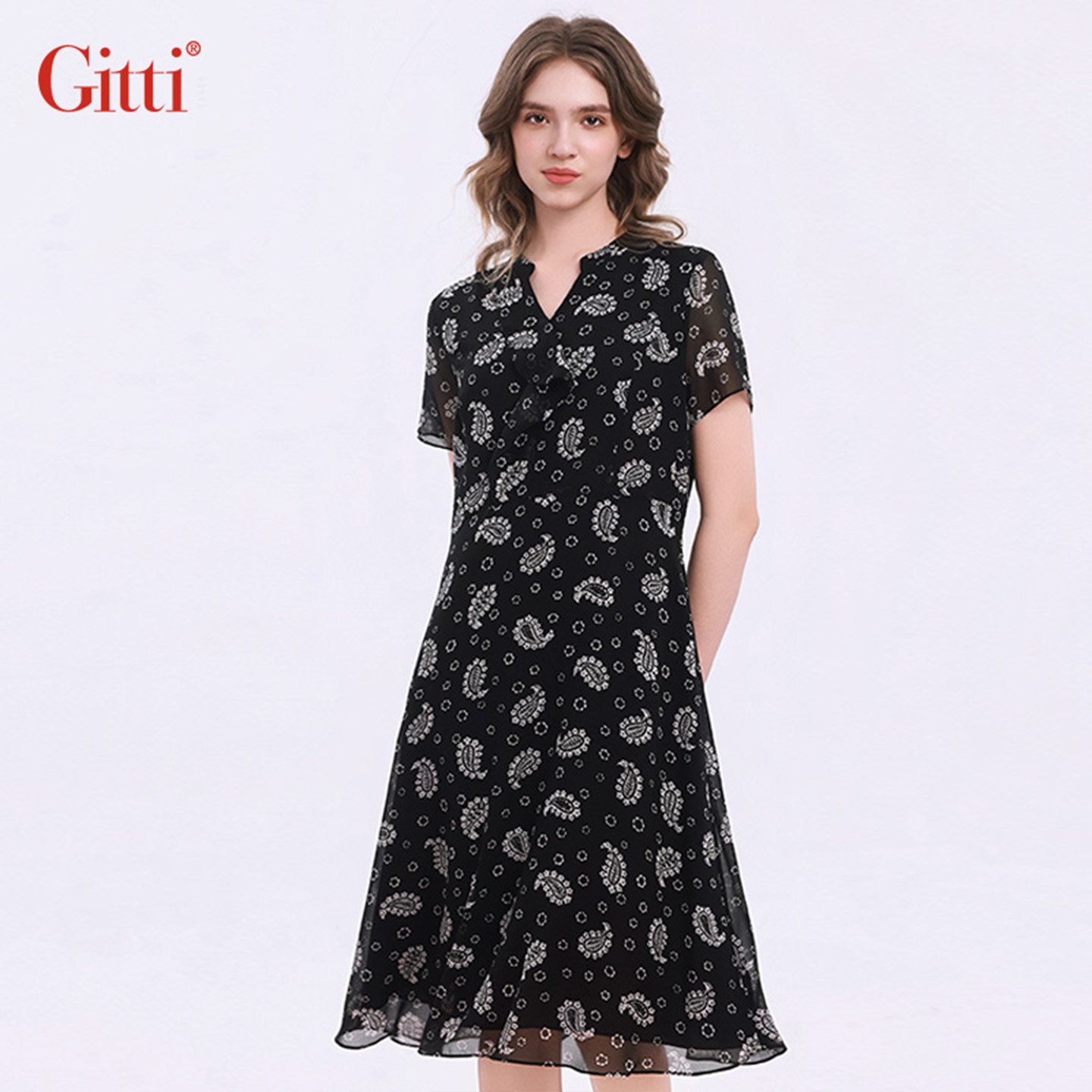 Gitti/吉蒂荷叶剪刀领高腰碎花连衣裙女显瘦拼接雪纺裙子G261132