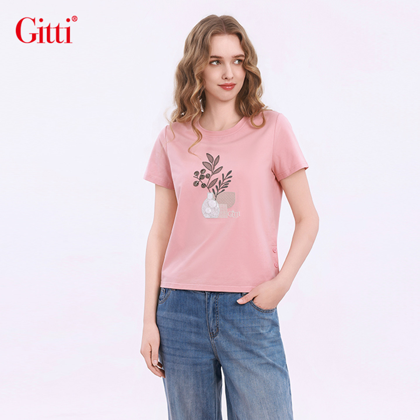 Gitti/吉蒂手工订珠蕾丝贴布绣T恤女棉亲肤舒适大码短袖G261710 - 实物图