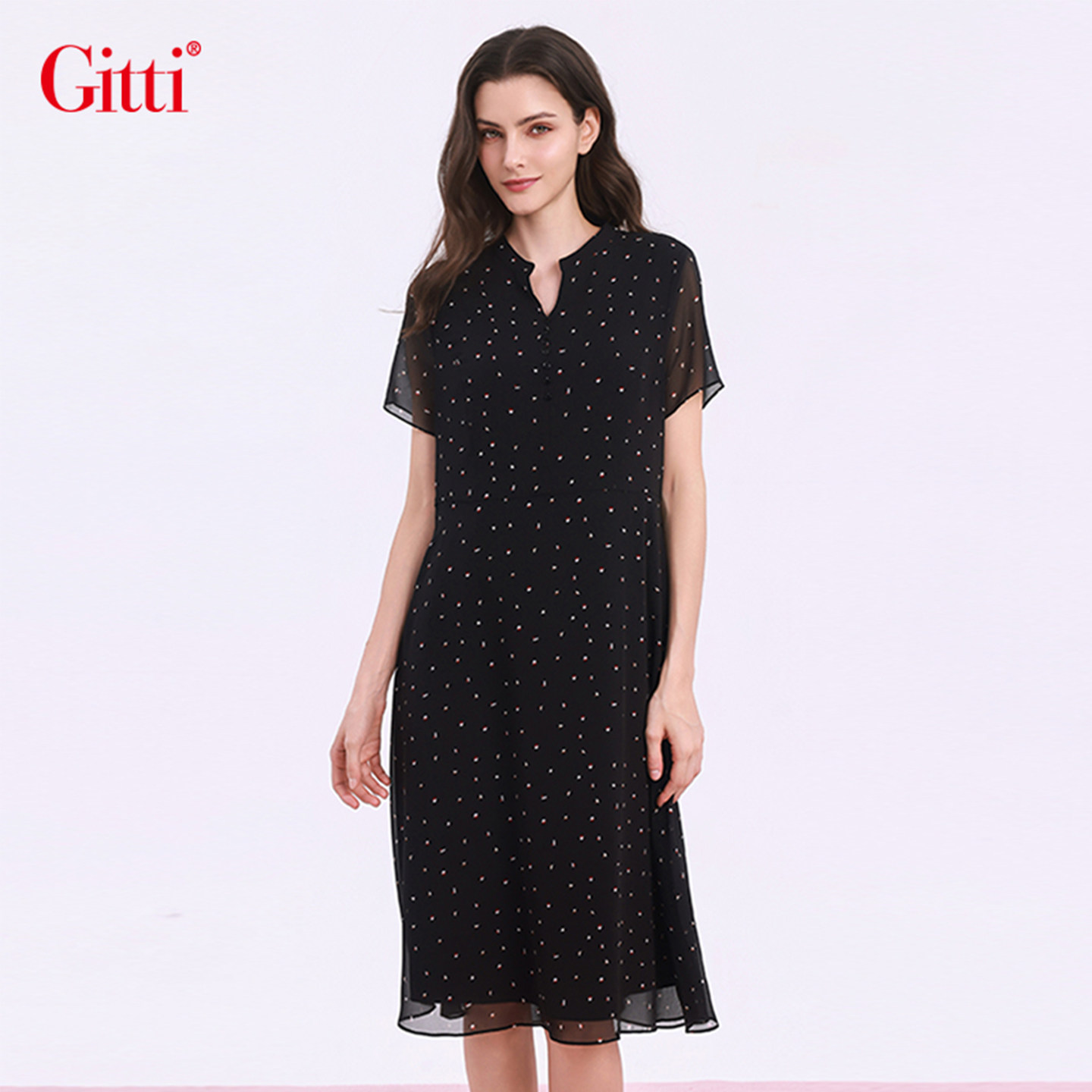 Gitti/吉蒂优雅波点印花雪纺连衣裙女轻盈飘逸裙子G261142