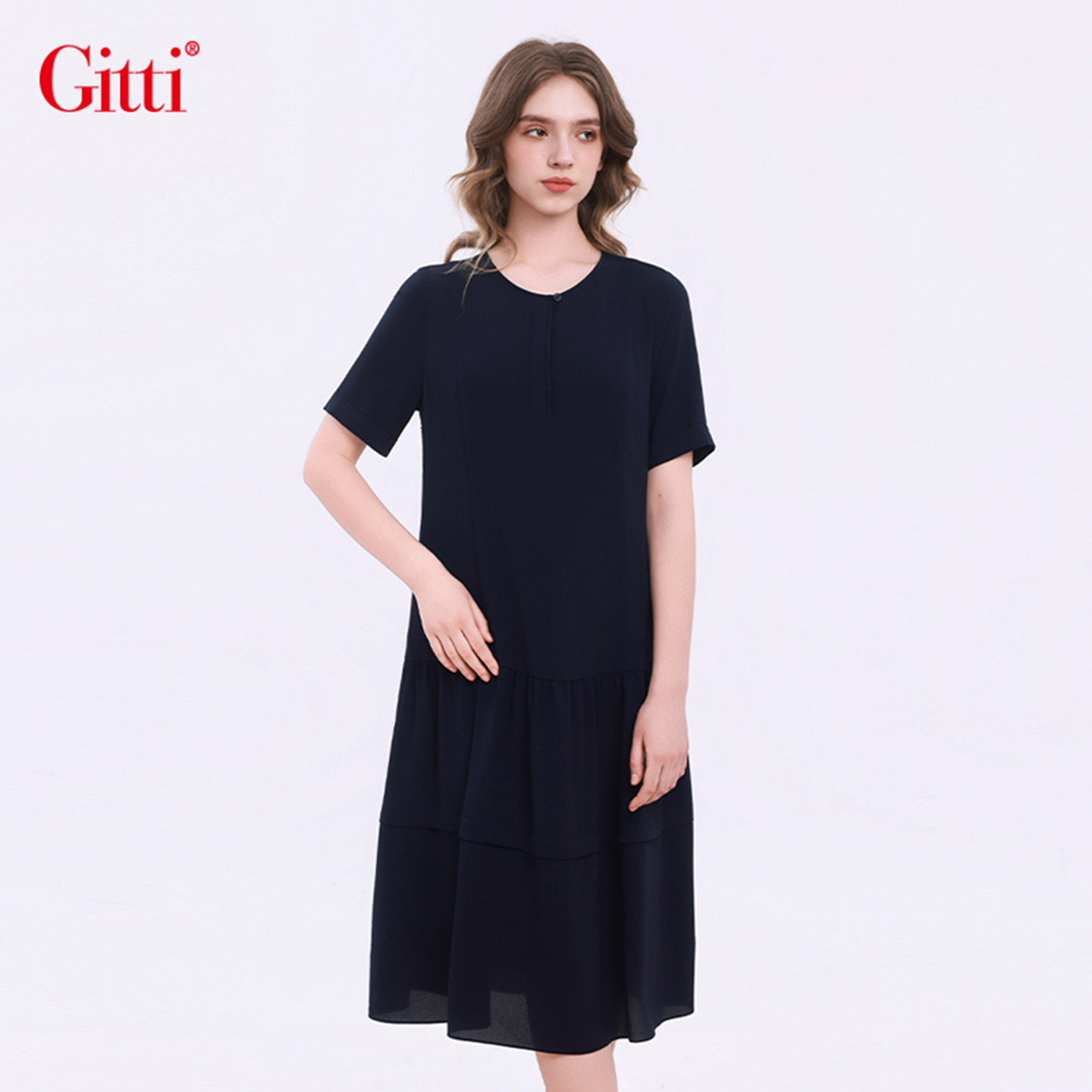 Gitti/吉蒂垂感缩褶雪纺拼接连衣裙女收腰显瘦圆领裙子G261109