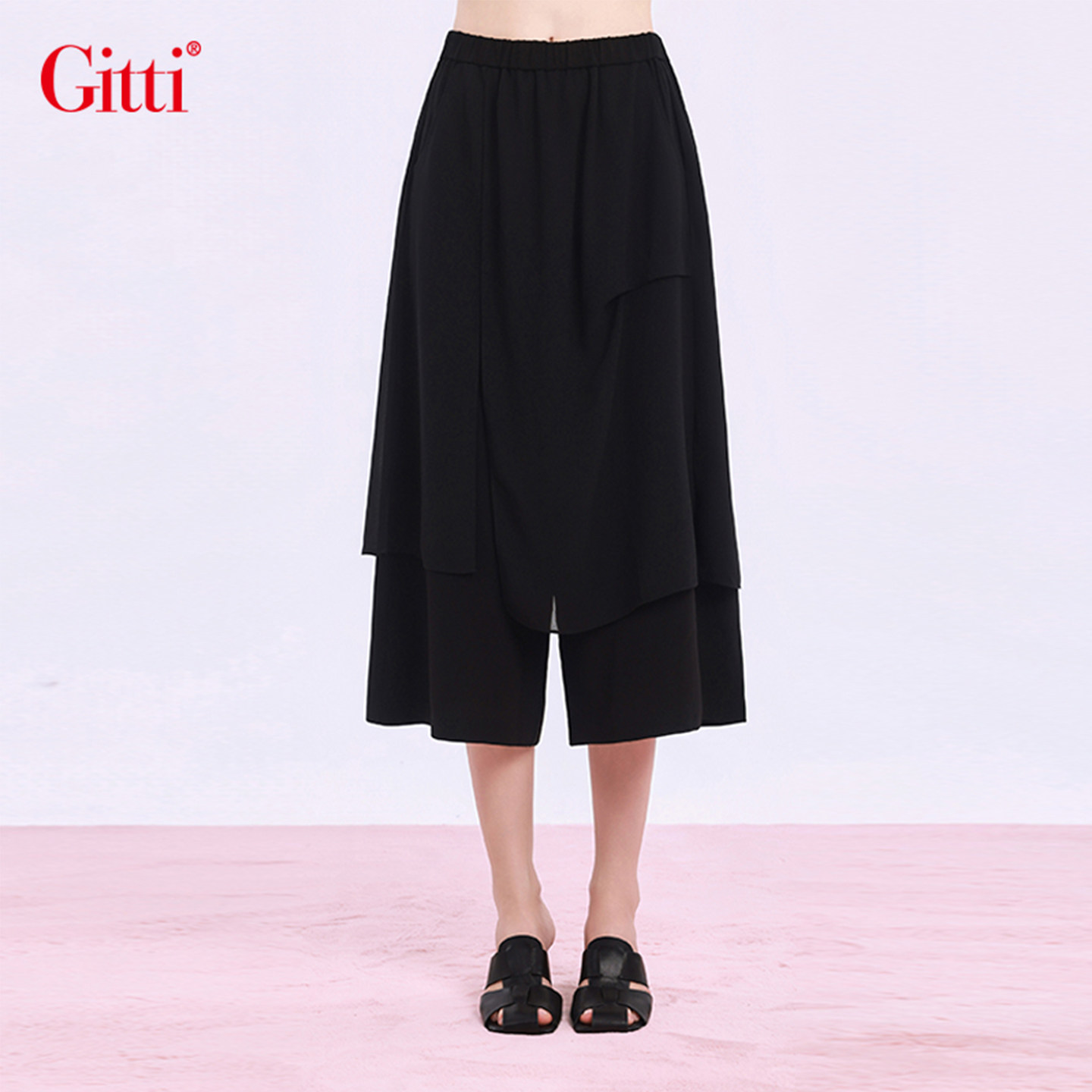 Gitti/吉蒂松紧腰假两件雪纺拼接裙裤女宽松大码中裤G261445