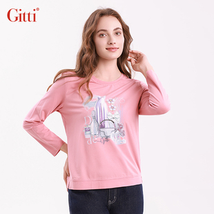 Gitti/吉蒂重工刺绣珠片印花长袖T恤女棉莫代尔针织上衣G255526