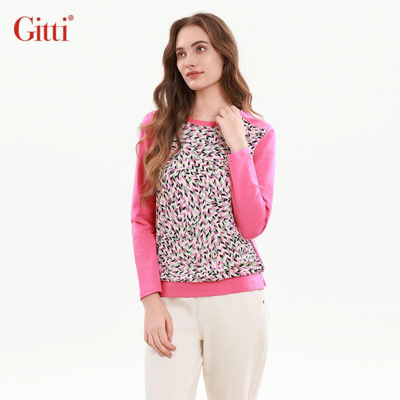 印花拼接圆领T恤棉针织