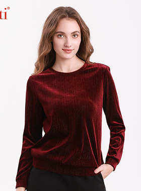 Gitti/吉蒂秋款闪银丝绒长袖T恤女宽松大码显瘦圆领上衣G255214