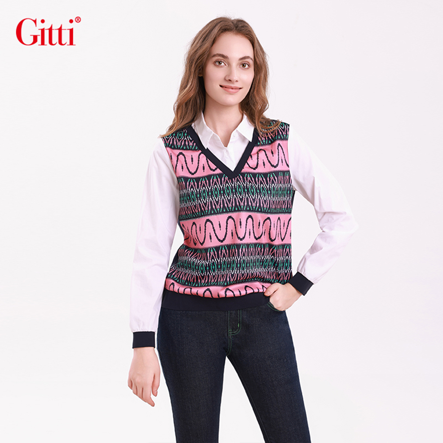 假两件针织拼接衬衫女印花大码