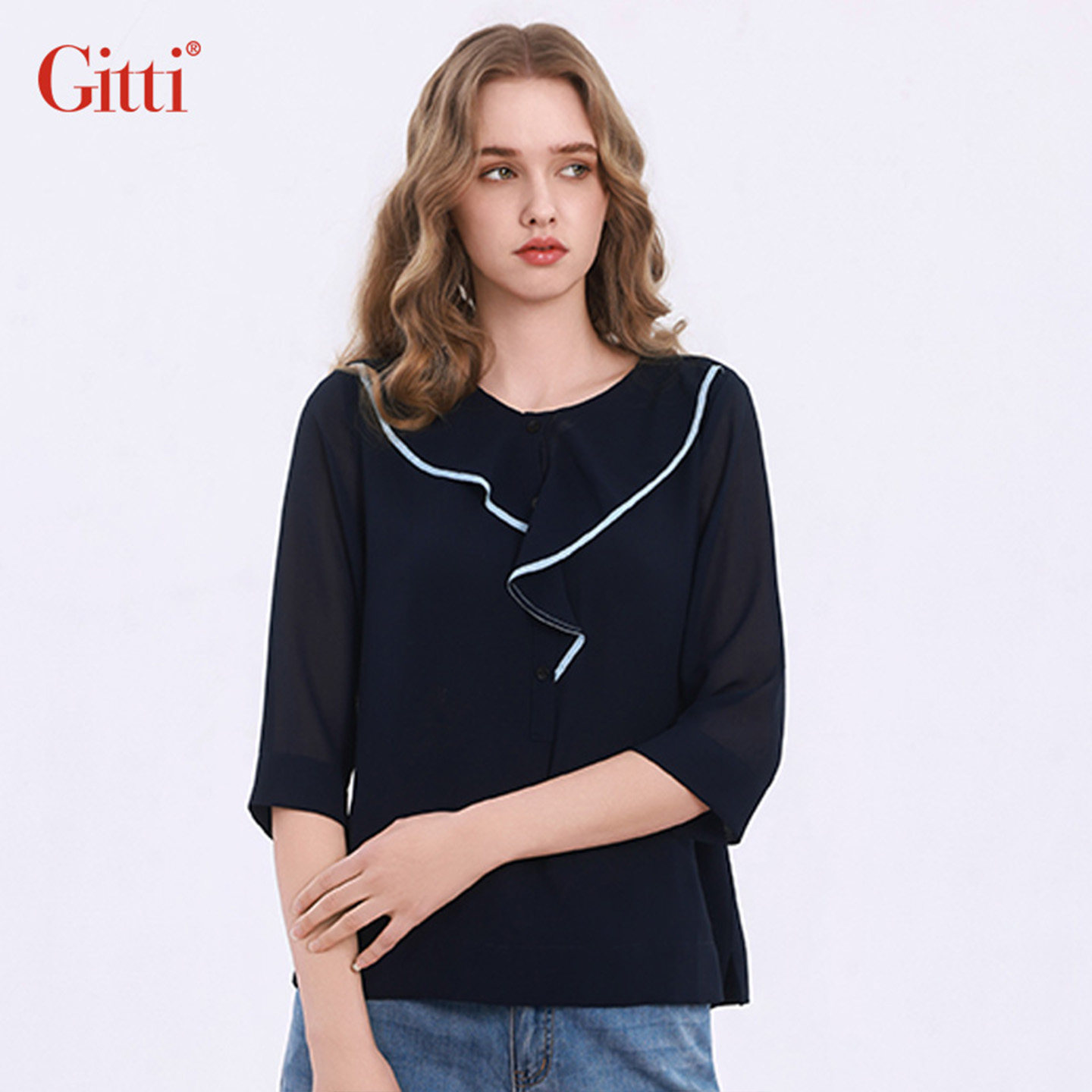 Gitti/吉蒂撞色荷叶边五分袖T恤女宽松大码甜美中袖上衣G261188
