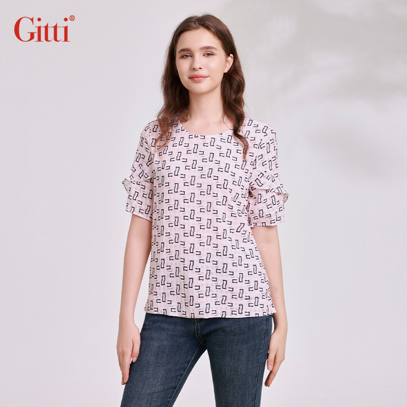 Gitti/吉蒂木耳花边印花圆领短袖女宽松大码T恤G251485