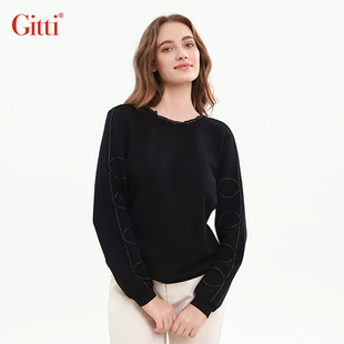 T恤女针织显瘦圆领长袖 荷叶领宽松大码 上衣G255118 吉蒂秋款 Gitti