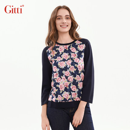 Gitti/吉蒂秋款花卉印花罗纹拼接九分袖T恤女圆领显瘦上衣G255169